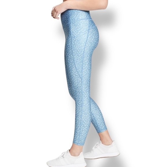 GAPFIT Blue White Polka Dot Blackout Print 7/8 Leggings 2 Leg, 1 Waist Pockets L - Picture 1 of 12